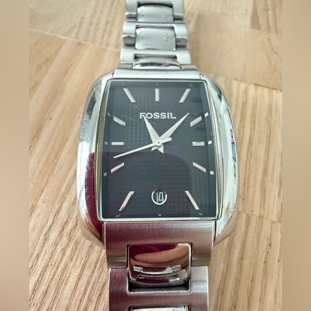 Fossil mens rectangular curvex Arkitekt stainless steel dress watch NEW BATTERY
